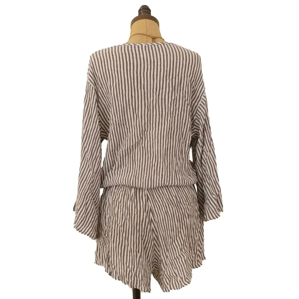 Elan Wrap Cover Up Swim Romper S 3/4 Sleeve Charcoal Gray White Vacay B27